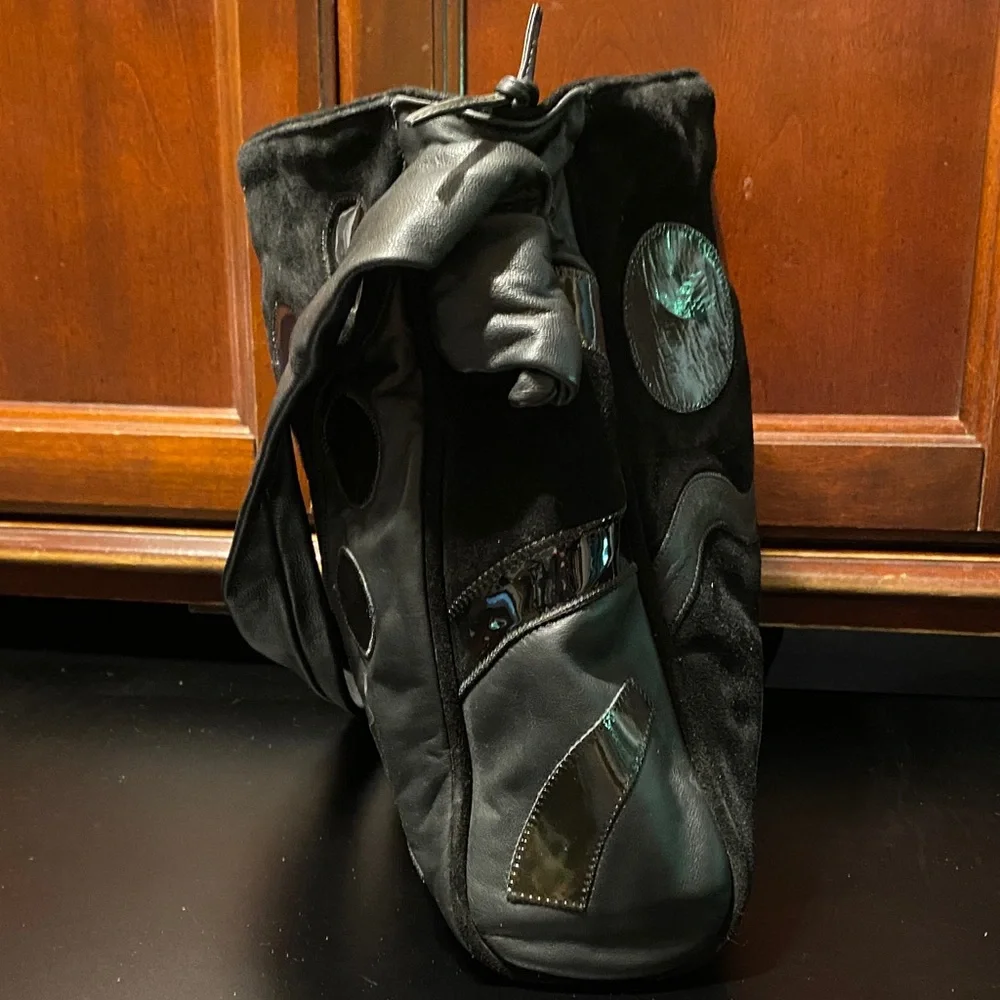 Black leather black suede and black patent Patchwork Shoulder Bag - Picture 8 of 14